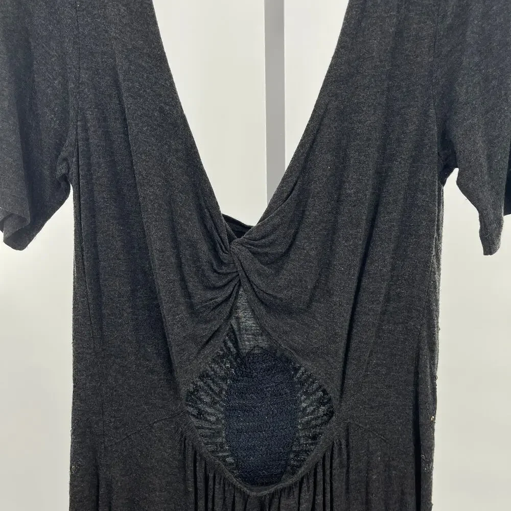 Free People Dark Gray V-Neck Knit Studs Short Sleeve Boho Shift Dress Women - Picture 6 of 10